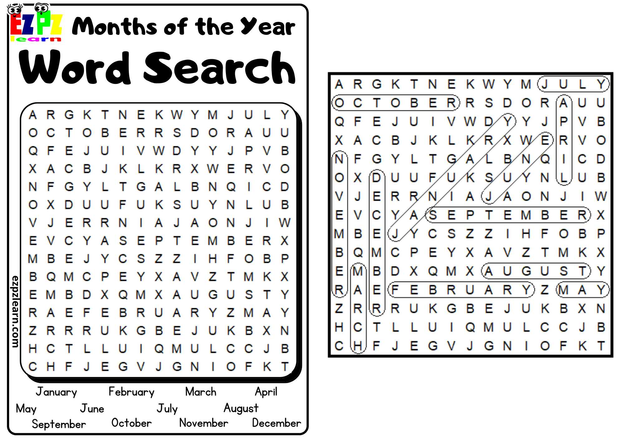 Months of the Year Word Search Free PDF